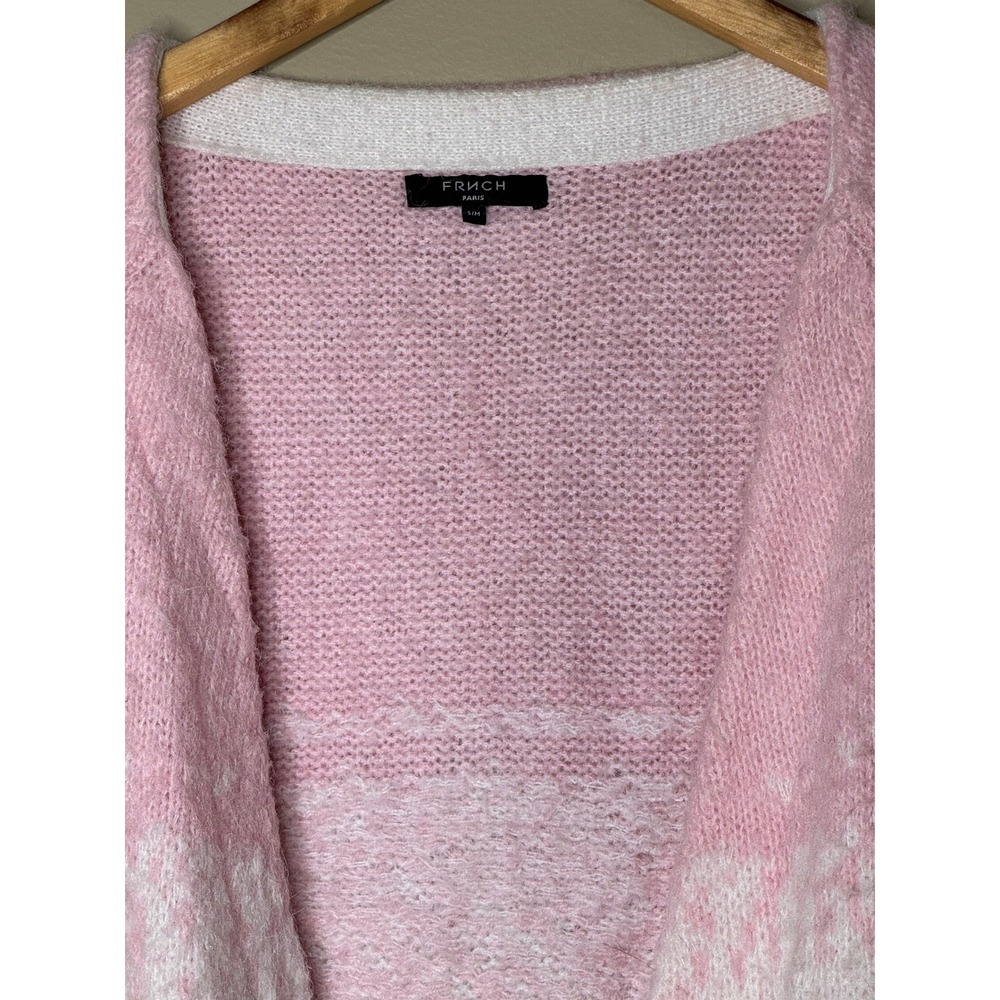 FRNCH Paris Pink White Mustard Yellow Colorblock Fuzzy Cardigan Sweater S/M - Picture 2 of 8